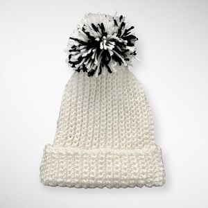 Crochet Beanie with Pom Ivory Black Youth One Size Lightweight Unlined